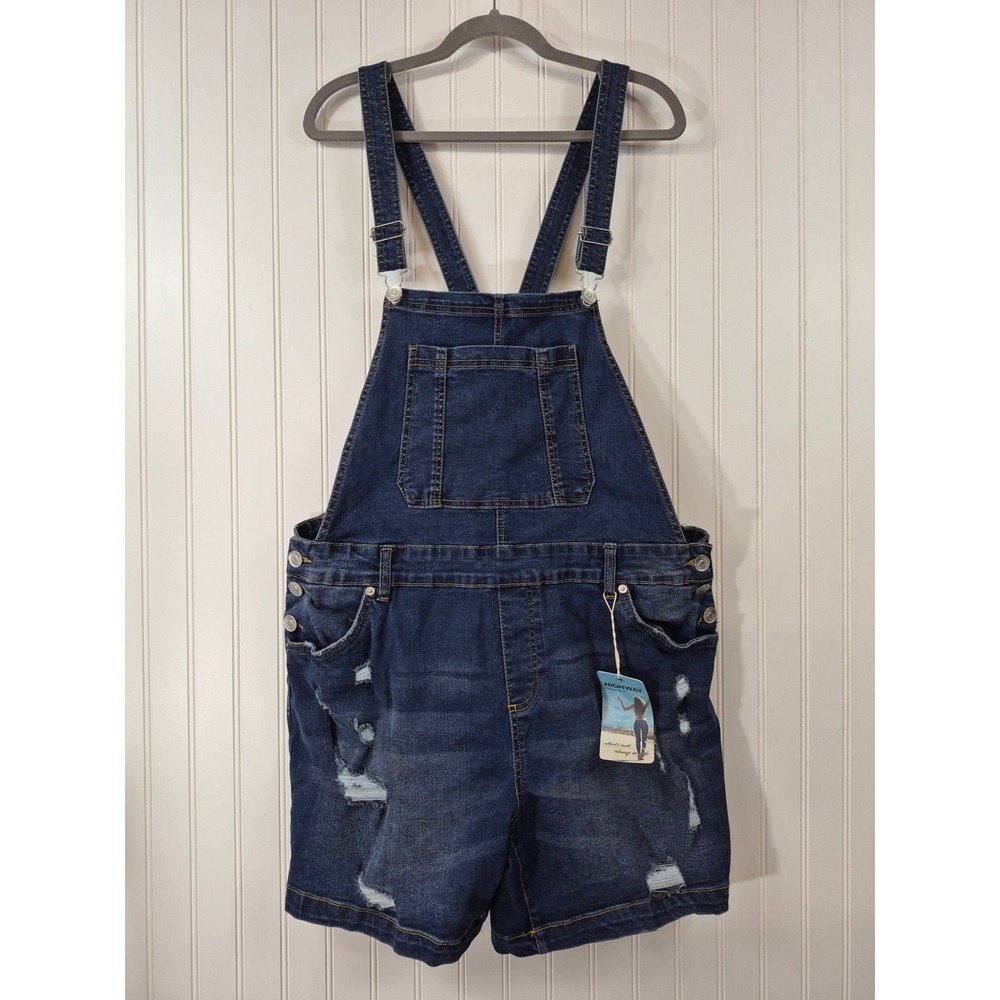 NEW Highway Jeans Womens 2X Distressed Denim Shortalls Dark Wash Overalls W41"